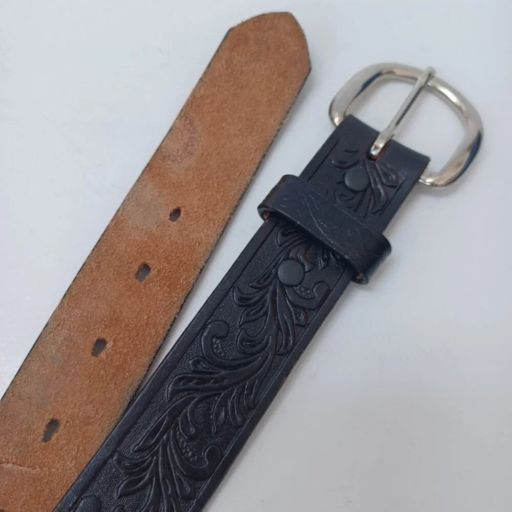 Tony Lama Youth Belt Black Tooled Leather Silver‎ Tone Buckle Western Style